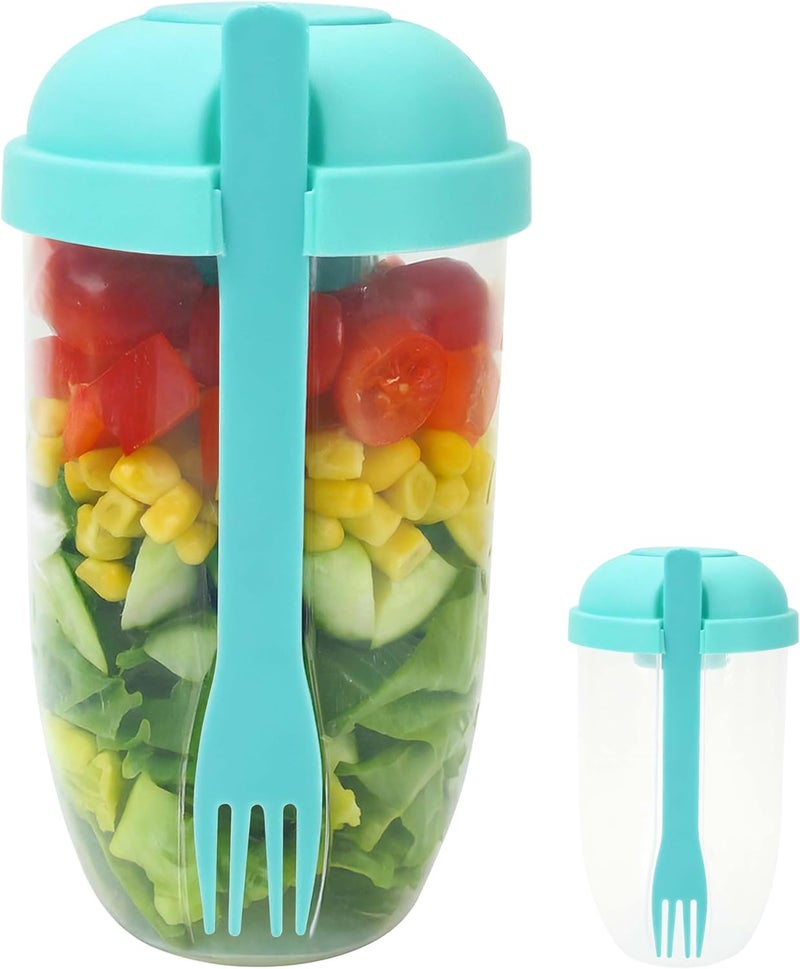 KH866 Salad Shaker Cup Container for Lunch – Portable Fresh Salad Cup Keep Fit Food Dressing Bottle Container, Breakfast Vegetable Fruits Jar Holder to Go Meal for Lunch, Green Pods with Lid and Fork - Image 1